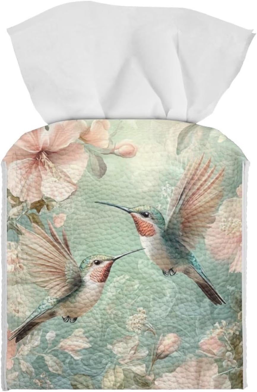 Square Tissue Box Cover PU Leather Tissue Box Holder 5x5x5 inch Waterproof Protective Cover for Modern Home Car Office Hotel Decor Hummingbird Pattern