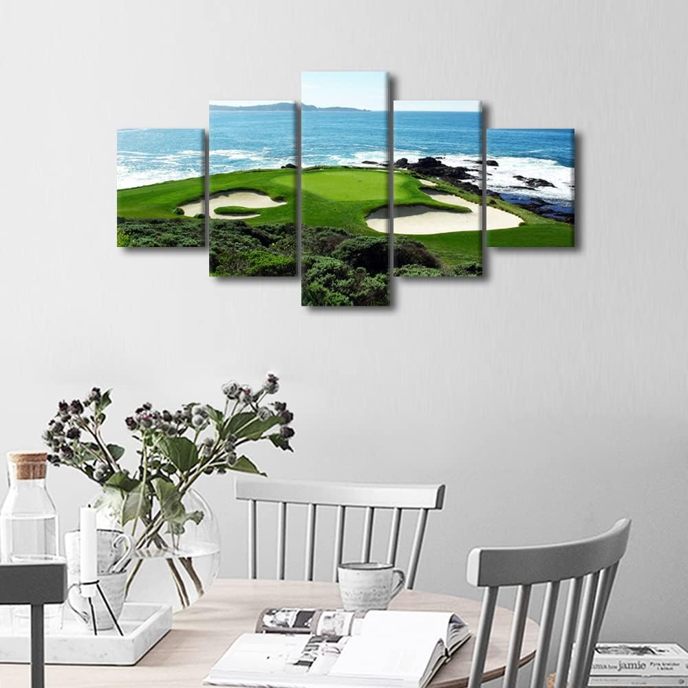 5 Pieces Golf Wall Art Canvas Wall Art Pebble Beach Golf Course Picture Canvas Wall Art Decoration for House Living Room Bedroom Gallery Wrap Modern Home Art Framed Ready to Hang - 60" W x 32" H