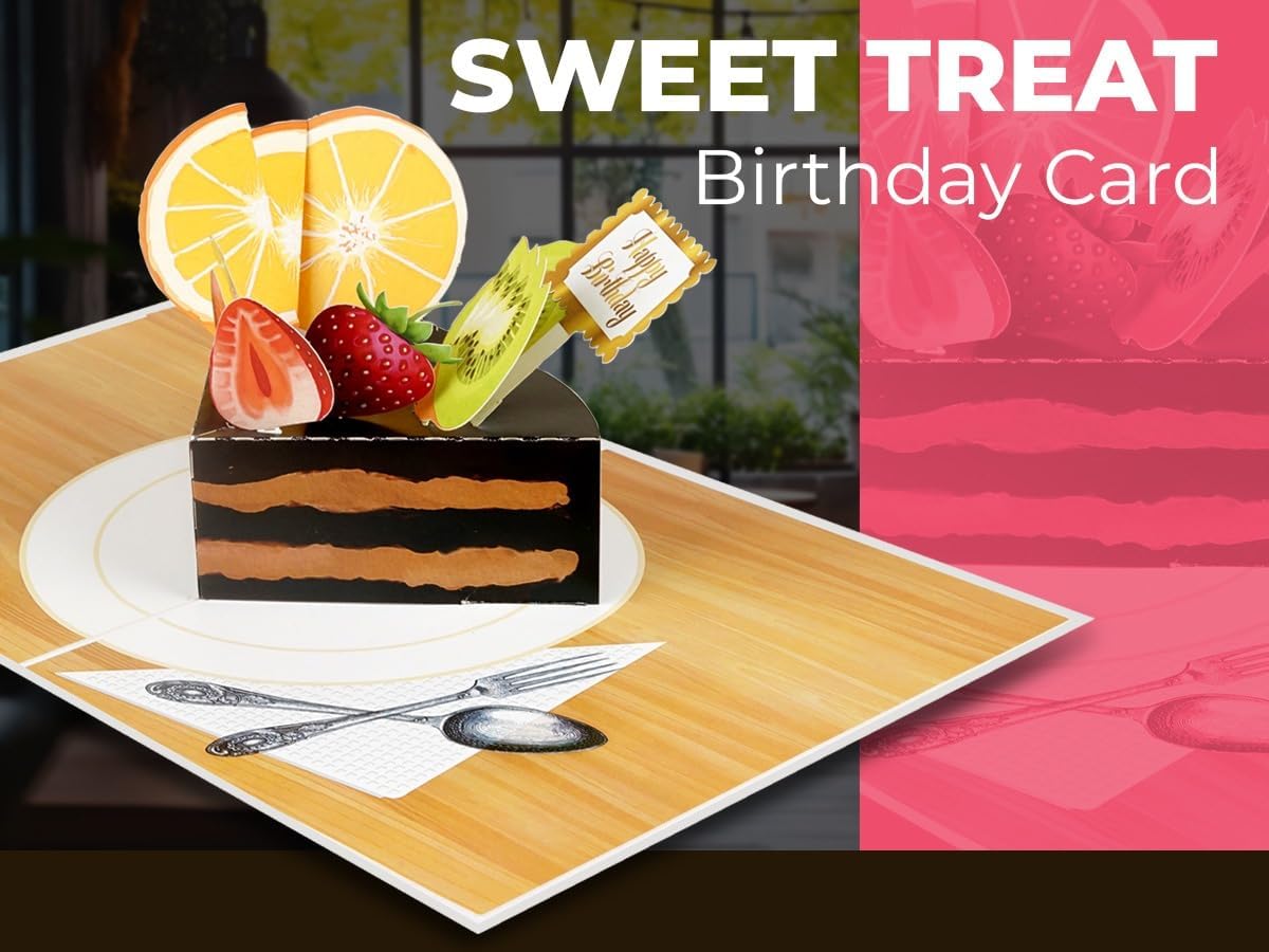 iGifts And Cards Birthday Cake Pop-Up Greeting Card – Fun, Belated, Gender Neutral Birthday Card, Layered Cake Slice with Fork, Includes Envelope & Notecard, 6” x 8”