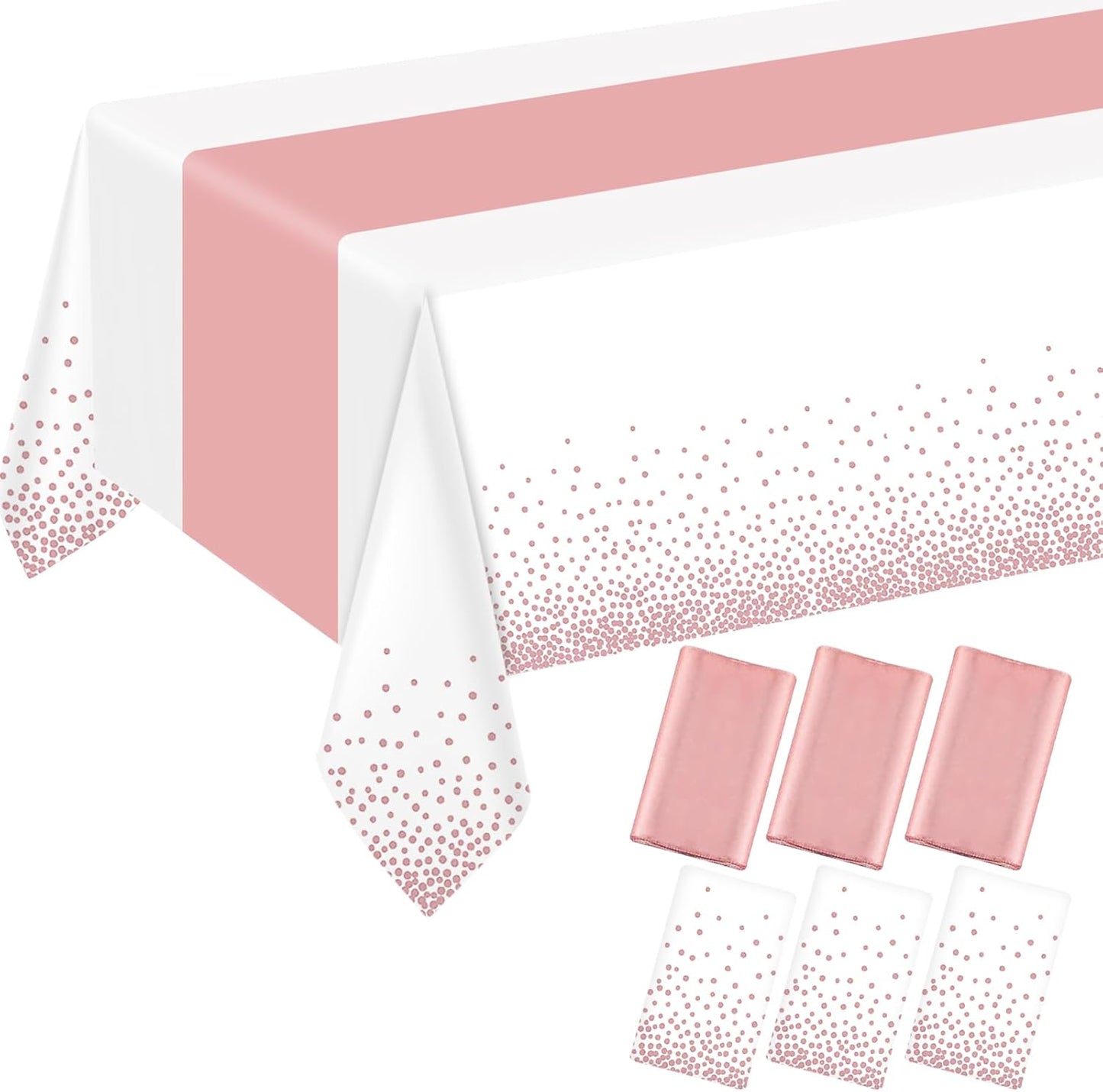 6 Pack Rectangle Plastic Dot Tablecloth Set, 54 X 108 Inch Plastic Table Cover, 12 x 108 Inch Satin Table Runners for Wedding Graduation Birthday New Year Party Decorations (White, Rose Gold)