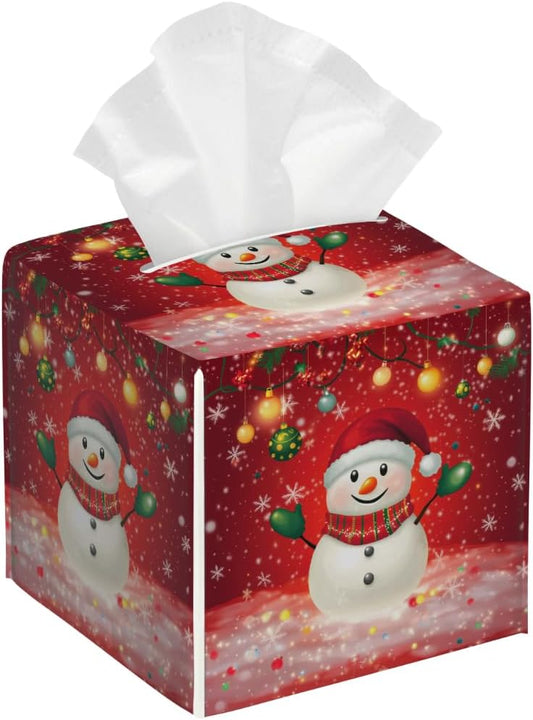 Cute Snowman Christmas Tissue Box Cover Square, PU Leather Facial Tissue Cube Box Holder, Xmas Modern Tissue Case Dispenser for Bedroom Tabletop Vanity Countertop