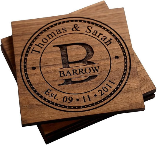 Personalized Coasters for Wedding Gifts, or Personalized Wooden Coaster Sets | Custom Coaster Set Options (2, 4, 6, 8, 16) | Handmade Wooden Coasters Made in The USA