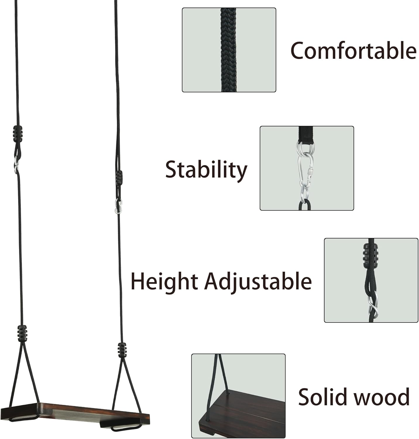 KINSPORY Wooden Swing Seat, Outdoor Swing Set Accessories for Backyard, Height Adjustable Rope with Hanging Tree Straps Kit for Porch Patio Garden Playgroud (Brown)