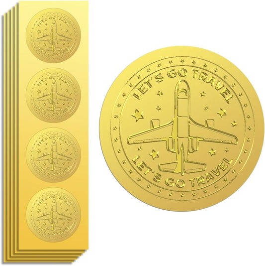 Peacoblue Gold Foil Stickers Seals Embossed 2 Inch 100Pcs Airplane with Let's go Travel, Self Adhesive Gold Around Embossing Sticker for Certificate Paper Envelope Seal Gift Card Present Decoration