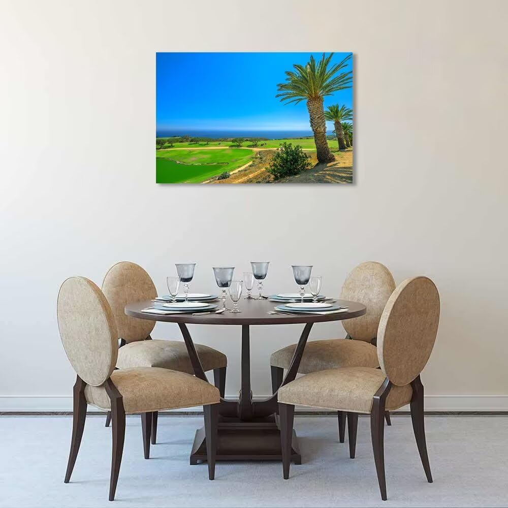 USA California Golf Course with Palm Tree Wall Art Picture California Coastline Golf Course Wall Decor for Living Room Bedroom Bathroom Home Decorations Framed Ready to Hang(18''H x 24''W)