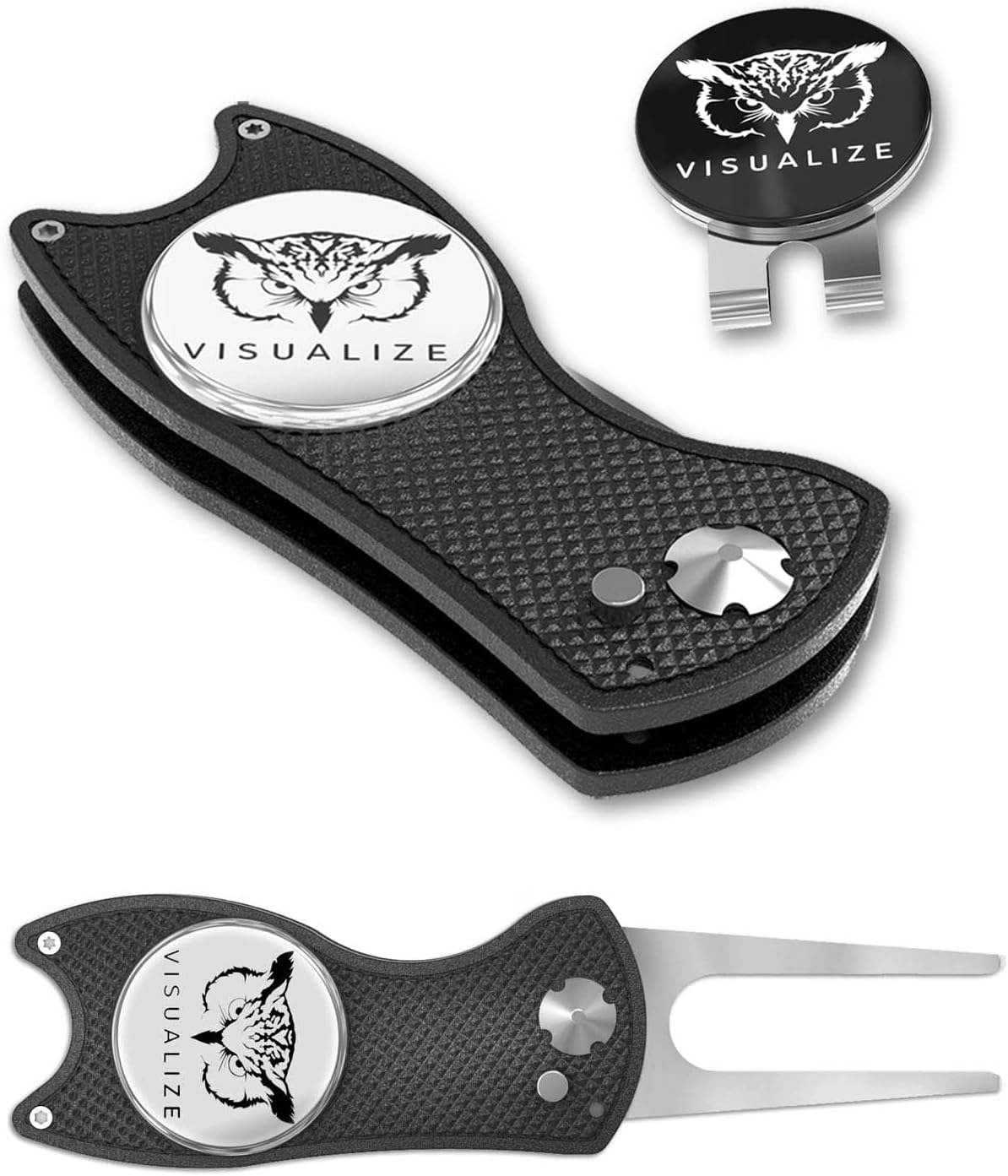 VISUALIZE Elite Switchblade Golf Divot Repair Tool Set with Ball Marker - Sturdy Anodized Aluminum - Perfect Golf Accessory Gift
