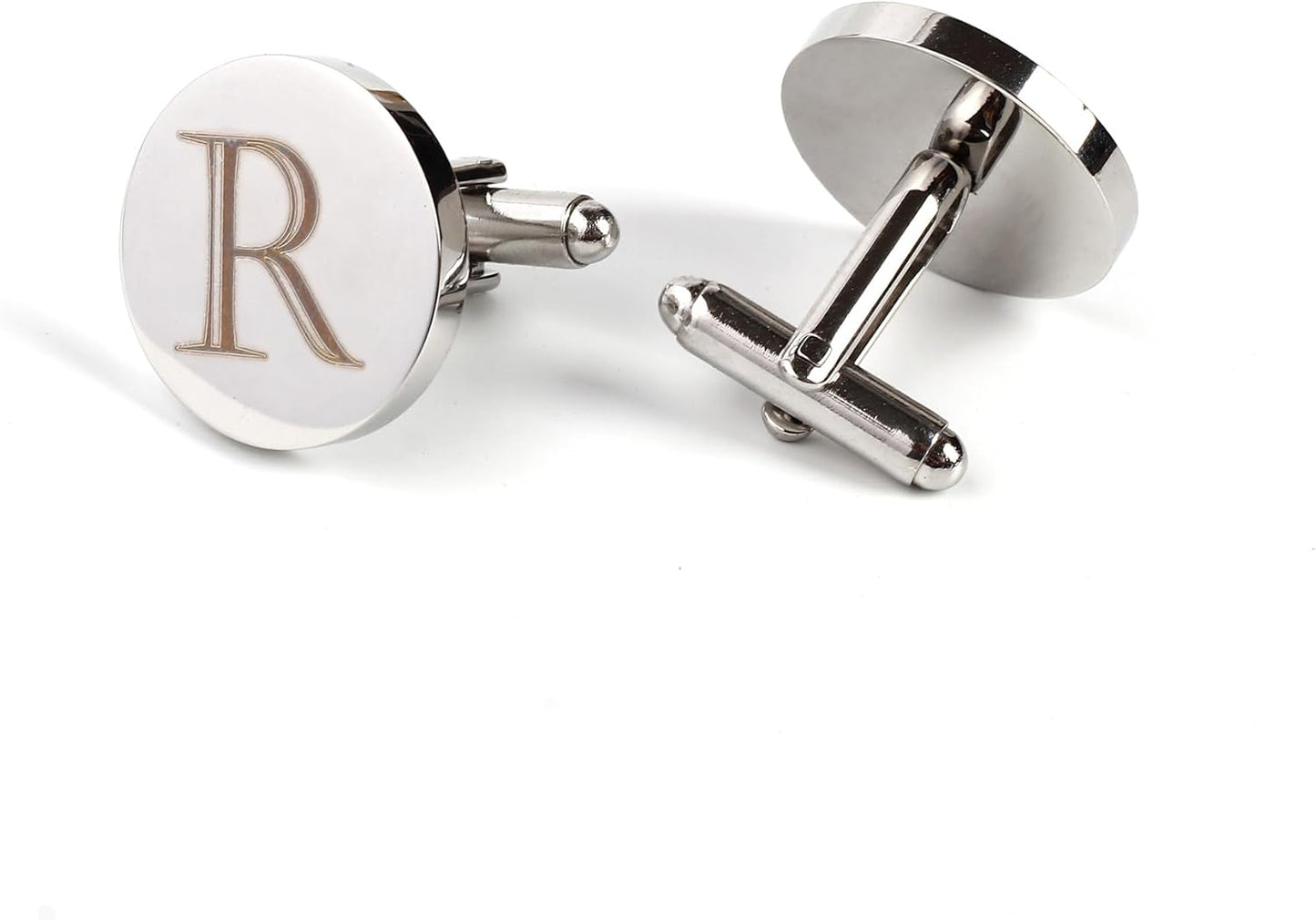 Mens Initial Silver Cufflinks A-Z Alphabet Letter Steel Cuff Links with Engraved Walnut Wood Box Groom Groomsman Wedding Set…