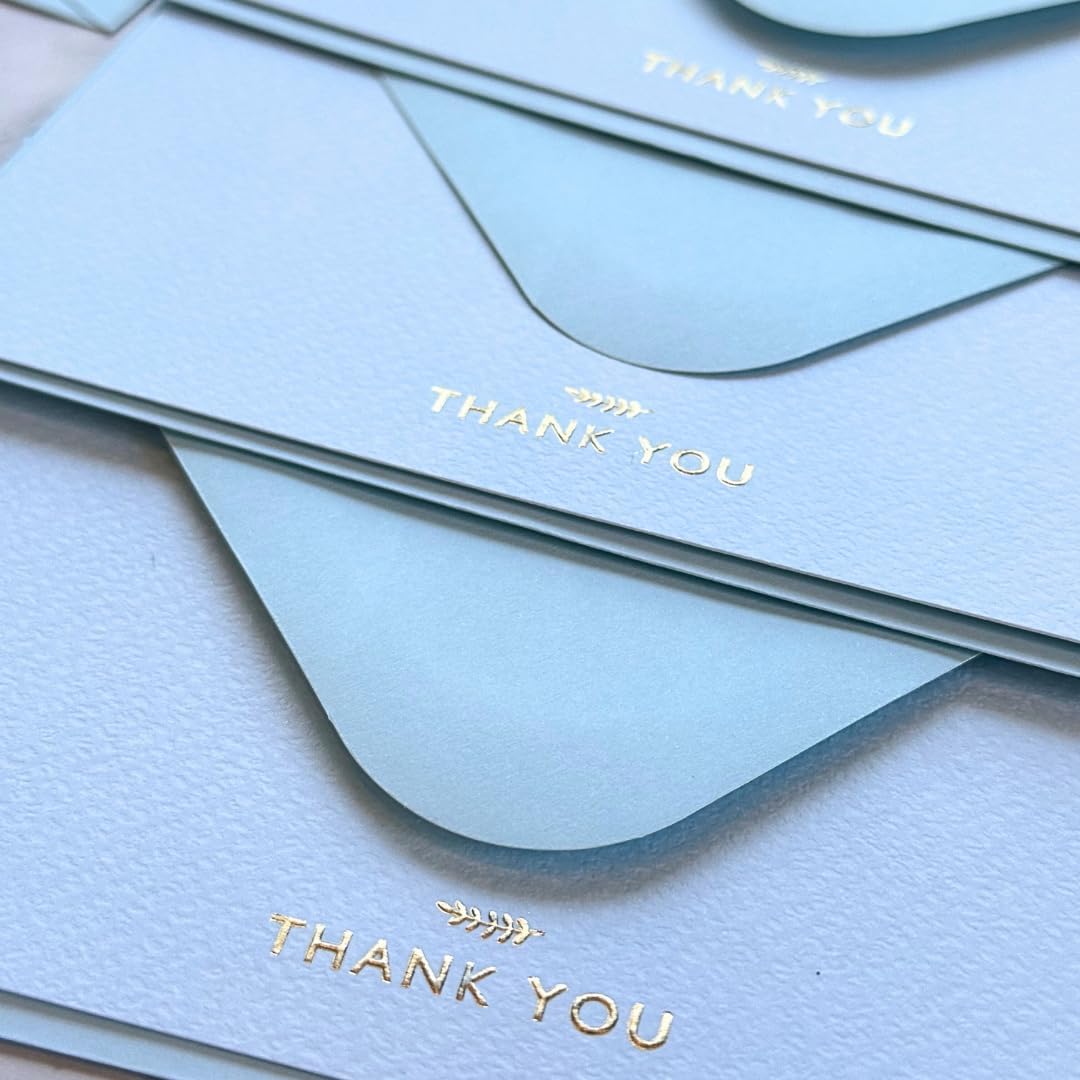 RUN2PRINT Thank You Cards with Envelopes & Gold Foil Stickers – 36‑Pack Flat Dusty Blue Cards (4″×6″) – Embossed Italian Textured Thick Paper – For Weddings, Business & Every Occasion (Carolina Blue, Pack of 36)