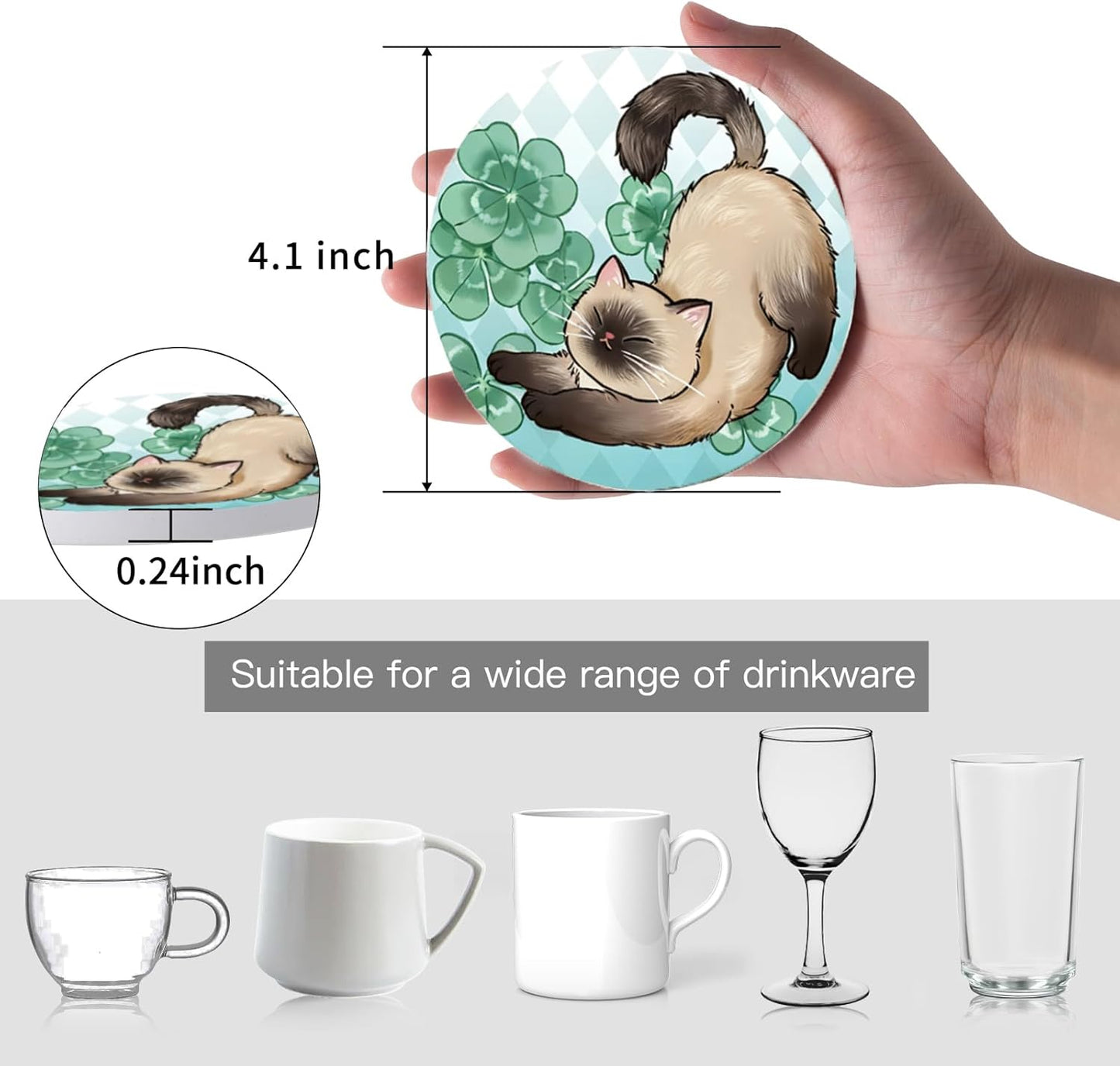 Coasters Absorbent Ceramic Coaster Drink Coasters with Cork Back Lazy Cats Set of 6 Round Coaster Non Slip for Coffee Table Wine Glass Home Bar 4 Inch, Cute