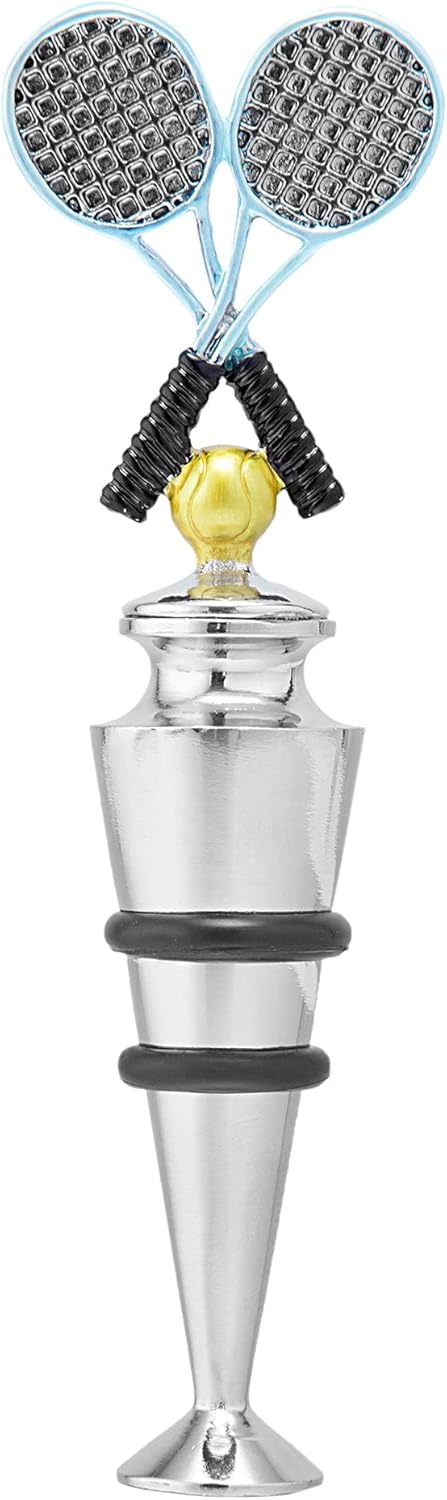 Supreme Housewares Tennis Racket-Shaped Zinc Alloy Wine Bottle Stopper - Reusable Beverage Preserver for Wine, Champagne, and Sparkling Drinks - Silver, Yellow and Blue, 4.5 Inch Tall