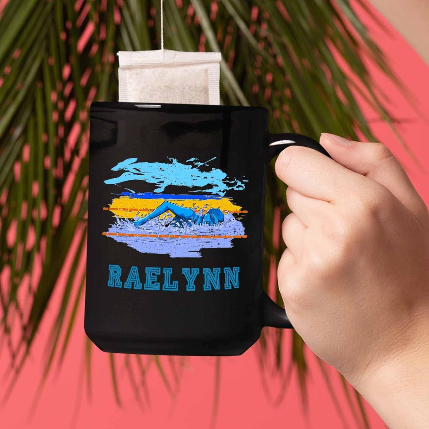 Personalized Black Ceramic Swimming Mug - Customized Travel Coffee Cup With Choose Name, 11 Oz or 15 Oz - Novelty Sports Gifts for Swimmers and Swimming Lovers