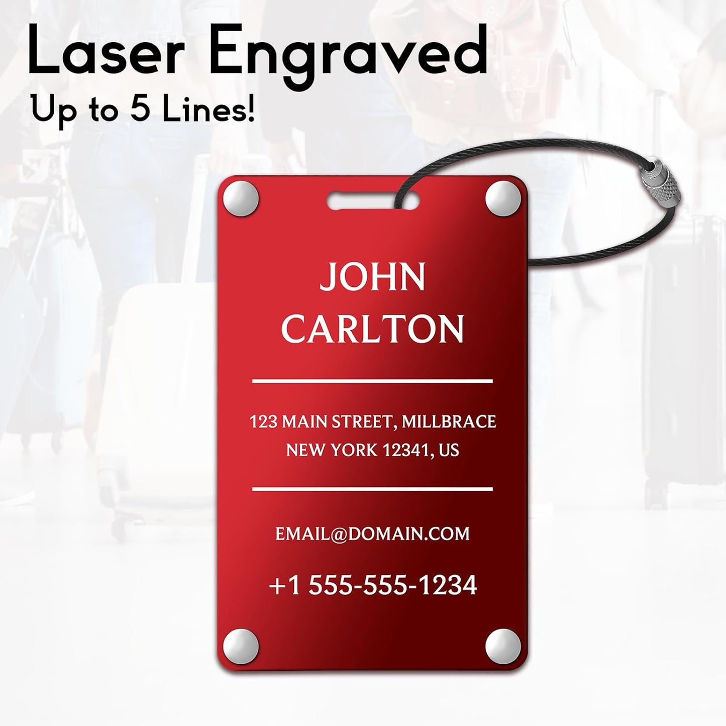 Personalized Luggage Tags for Suitcases - Aluminum Custom Luggage Tags for Backpacks & Bags, Sturdy, Waterproof & Heavy Duty (Red/Card-Sized) (SleekBarRed)