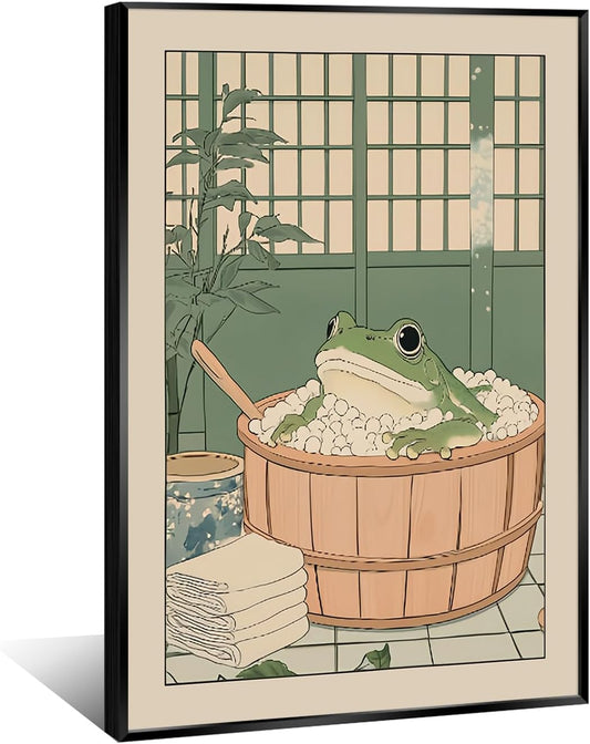 Funny Bathroom Wall Art Japanese Aesthetic Frog in a Bathtub Posters Cute Animal Canvas Prints Vintage Neutral Minimalist Wall Decor for Apartment Dorm 20x30in Framed