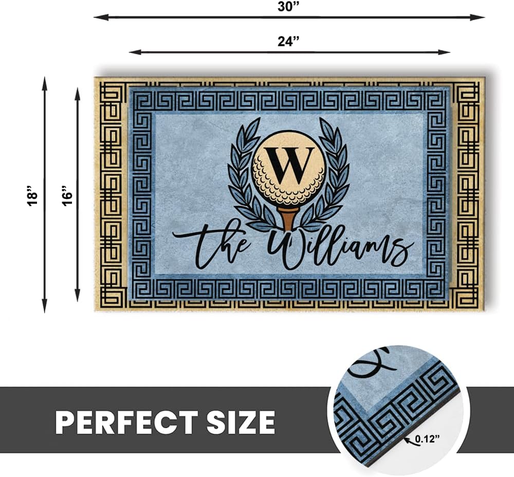 Personalized Golf Doormat with Monogram Initial – Custom Family Name Rug with Laurel Wreath & Marble Background – Non Slip Outdoor Entry Mat for Porch, Golf Club, or Man Cave Decor