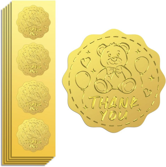 Peacoblue Gold Foil Sticker Seal Embossed 2 Inch 100Pcs Teddy Bear with Thank You, Self Adhesive Gold Around Embossing Sticker for Baby Shower Invitation Certificate Envelope Seal Gift Card Decoration