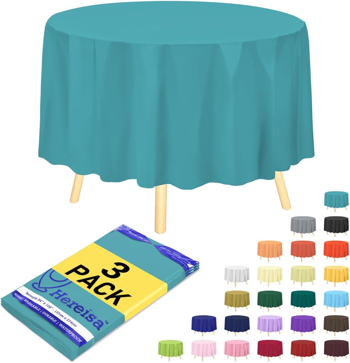 Brand Round Aqua Plastic 84" Disposable Tablecloth (3 Pack), Party & Event Decorative Cover