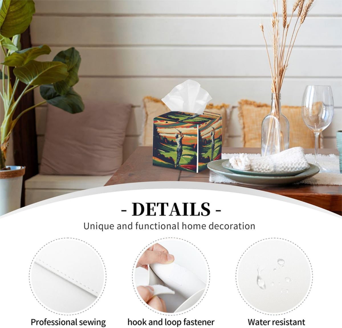 Square Leather Tissue Box Cover, Waterproof Napkin Dispenser with Golf Ball Golf Lover Print, Tissue Holder for Bathroom, Living Room, Bedroom, Office, and Car Decor