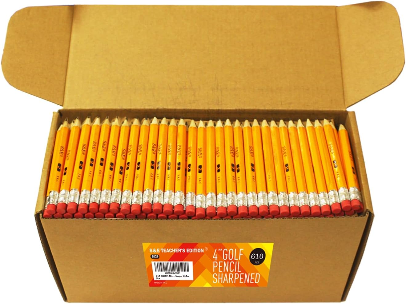 S & E TEACHER'S EDITION 610Pcs Wood Pencils Half Pencils with Eraser Top, Golf, Classroom, Pew Wood-cased #2 HB, Hexagon, 610/Box.