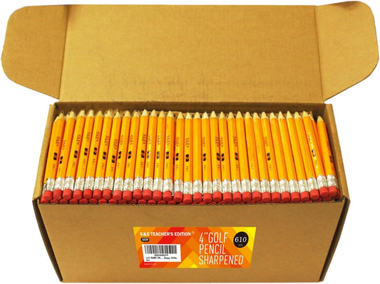 S & E TEACHER'S EDITION 610Pcs Wood Pencils Half Pencils with Eraser Top, Golf, Classroom, Pew Wood-cased #2 HB, Hexagon, 610/Box.