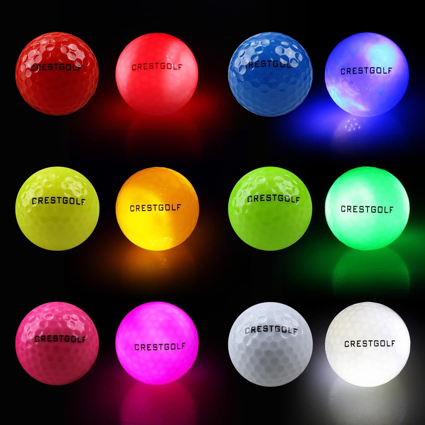 Crestgolf 4 Built-in Lights Glow Golf Balls | 300-hr Lighting Time Glow in The Dark Golf Balls | 3-Layer Design Light up Water Resistant LED Night Golf Ball(Multicolor 6pcs&3pcs