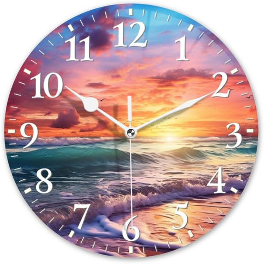 Beach Wall Clock Non-Ticking Silent Clocks Battery Operated Analog Decor Clock for Home-Beautiful Beach Sunset with Colorful Clouds and Waves(12inch)