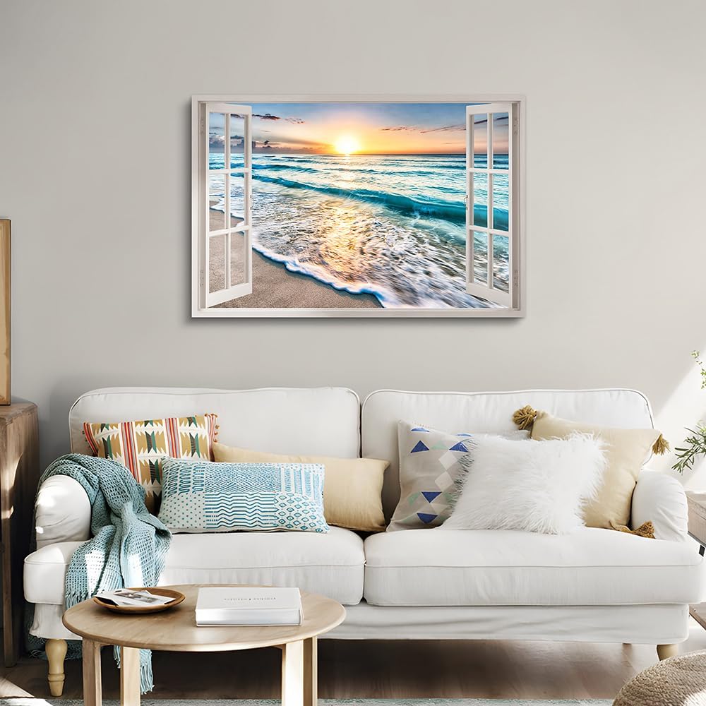 beach canvas window wall art: beach picture coastal artwork seascape ocean scene prints - looking out fake window wall decor for bedroom 36"x24"