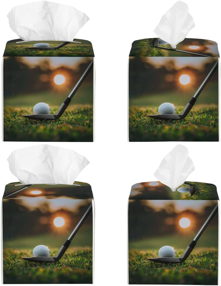 Sports Golf Theme Tissue Box Cover Square, PU Leather Facial Tissue Cube Box Holder, Modern Tissue Case Dispenser for Bedroom Tabletop Vanity Countertop