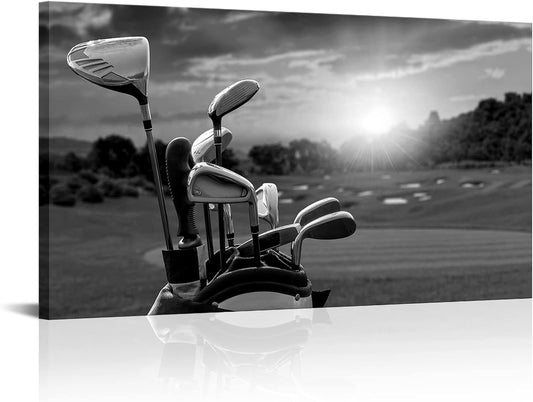 LevvArts Black and White Golf Canvas Wall Art Golf Course at Sunset Landscape Pictures Painting Print Golfing Sports Artwork Decor for Living Room Gym Framed Ready to Hang 20"x36"