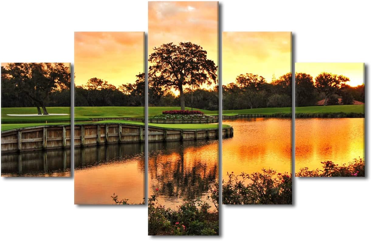 Golf Course Posters Wall Art TPC Sawgrass Golf Course Painting Modern Scenery Pictures Prints on Canvas 5 Panels for Living Room Home Bedroom Office Wall Decor Framed Ready to Hang - 60"W x 40"H
