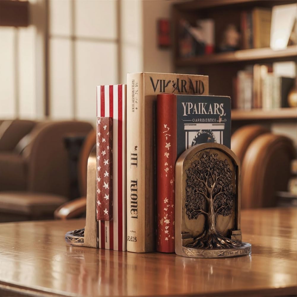 Large Vintage Bronze Finish Tree of Life Bookends Set, 2 Non-Skid Heavy Bookends for Shelves or Bookcase, Decorative Bookends for Desktop Shelf Decor, Library Office Decor, Home Décor Gift