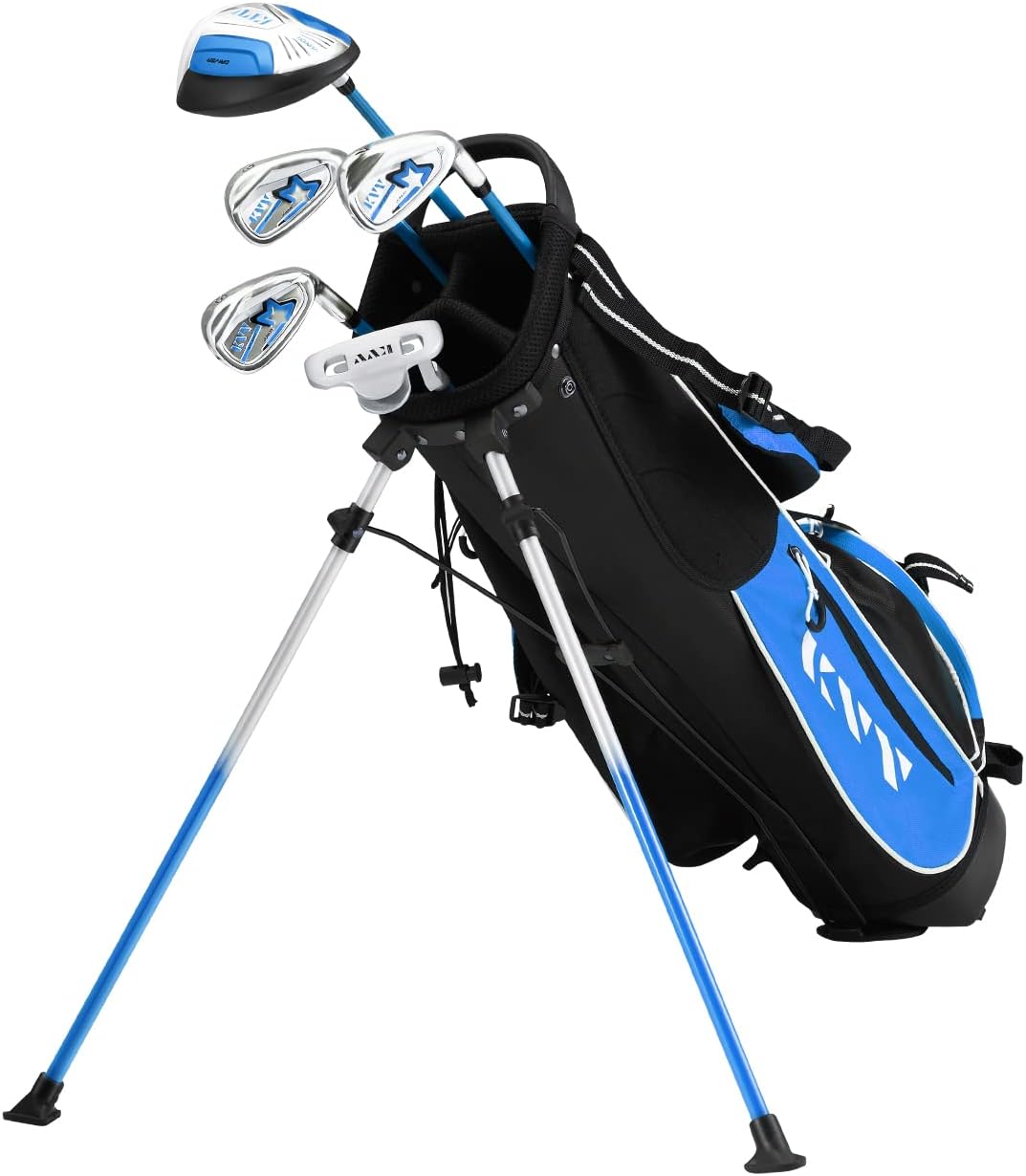 KVV Junior Complete Golf Club Set for Kids/Children Right Hand, Includes Oversize Driver, Irons, Putter, Head Cover, Portable Golf Stand Bag