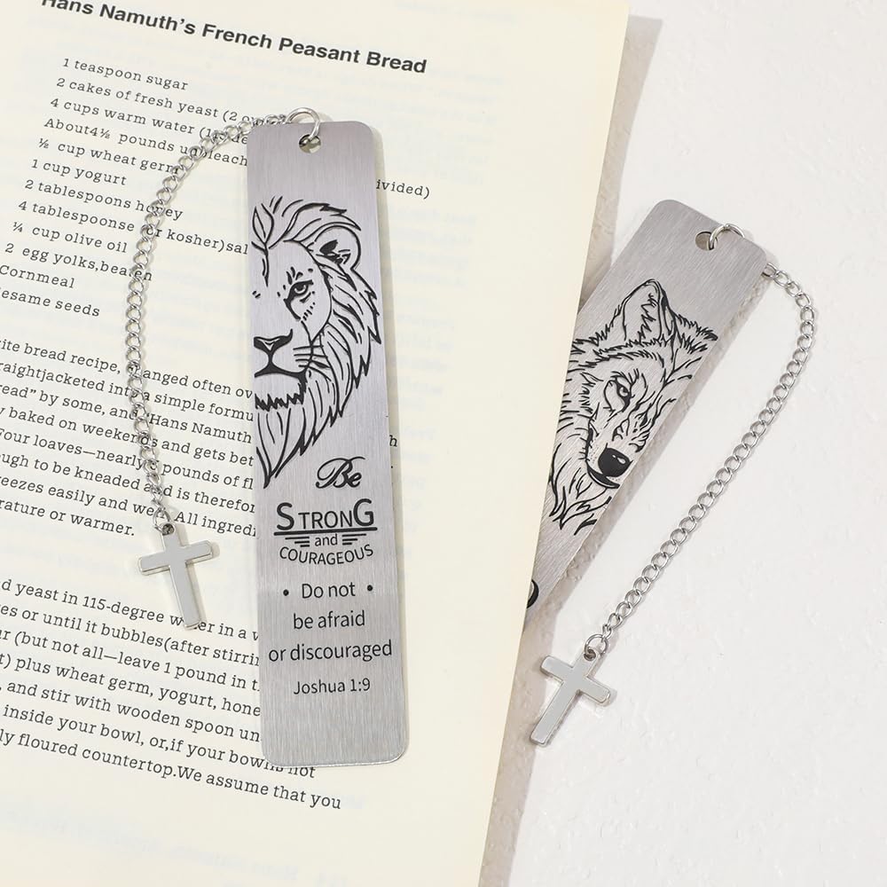 Metal Bookmark Man of God, Silver Inspirational Lion and Wolf Verse Book Mark with Cross Pendant, Religious Scripture Bookmark Accessories for Men Church Baptism Gifts (2PCS)