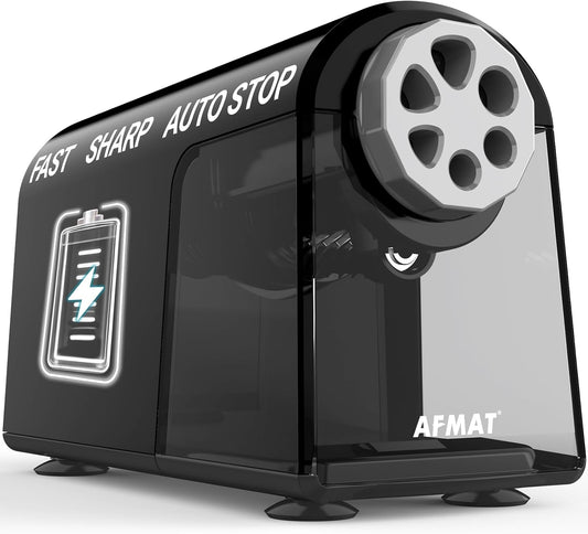 AFMAT PSD2 Electric Pencil Sharpener Heavy Duty, 6 Holes, Cordless & Rechargeable, Fast Sharpen, Auto Stop, 10K+ Uses, Classroom Pencil Sharpener for 6-11mm No.2/Large/Colored Pencils, Black