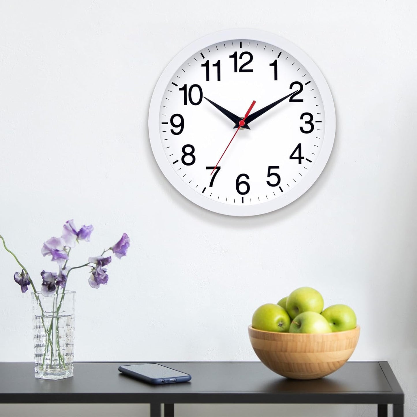 Wall Clock Modern 10 Inch Battery Operated Silent Non Ticking Analog Clock Decorative for Bedroom Kitchen Bathroom Office Home (White)