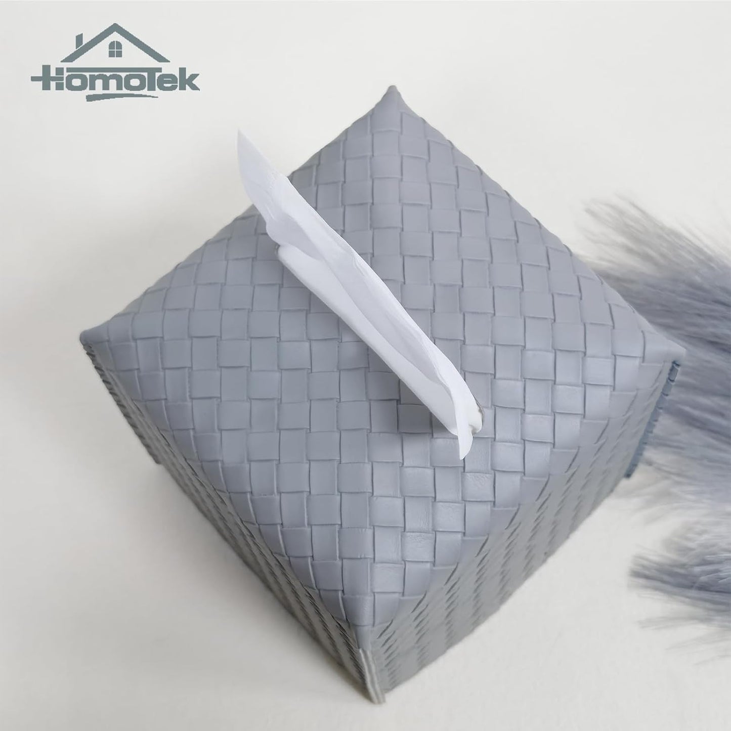 HOMOTEK 2 Pack Tissue Box Cover,PU Leather Tissue Holder,Square Decorative Facial Tissue Cube Paper Organizer Dispenser for Bathroom, Night Stands, Desk, Car 5X5X5'' - Woven Waffle,Light Gray