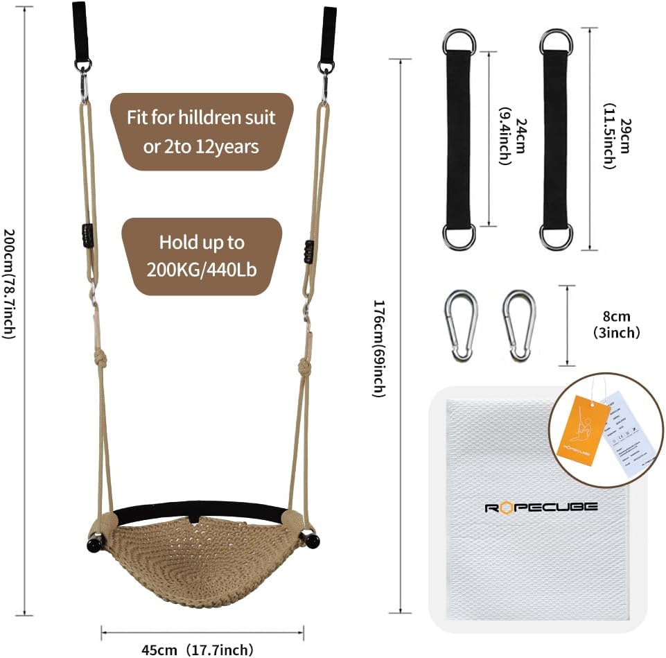 Hand-Knitting Toddler Swing, Swing Seat for Kids with Adjustable Ropes, Little tikes Swings Set, for Outdoor Indoor, Playground, Backyard (Light Brown)