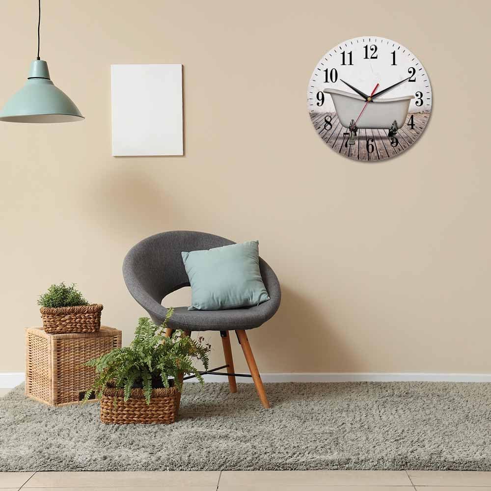 Mxocom Vintage Bathtub Wall Clock Bathroom White Old Wall Wood Floor 10 Inch Silent Non Ticking Battery Operated Clock Vintage Round Clock for Living Room Bedroom Bathroom Office Decor