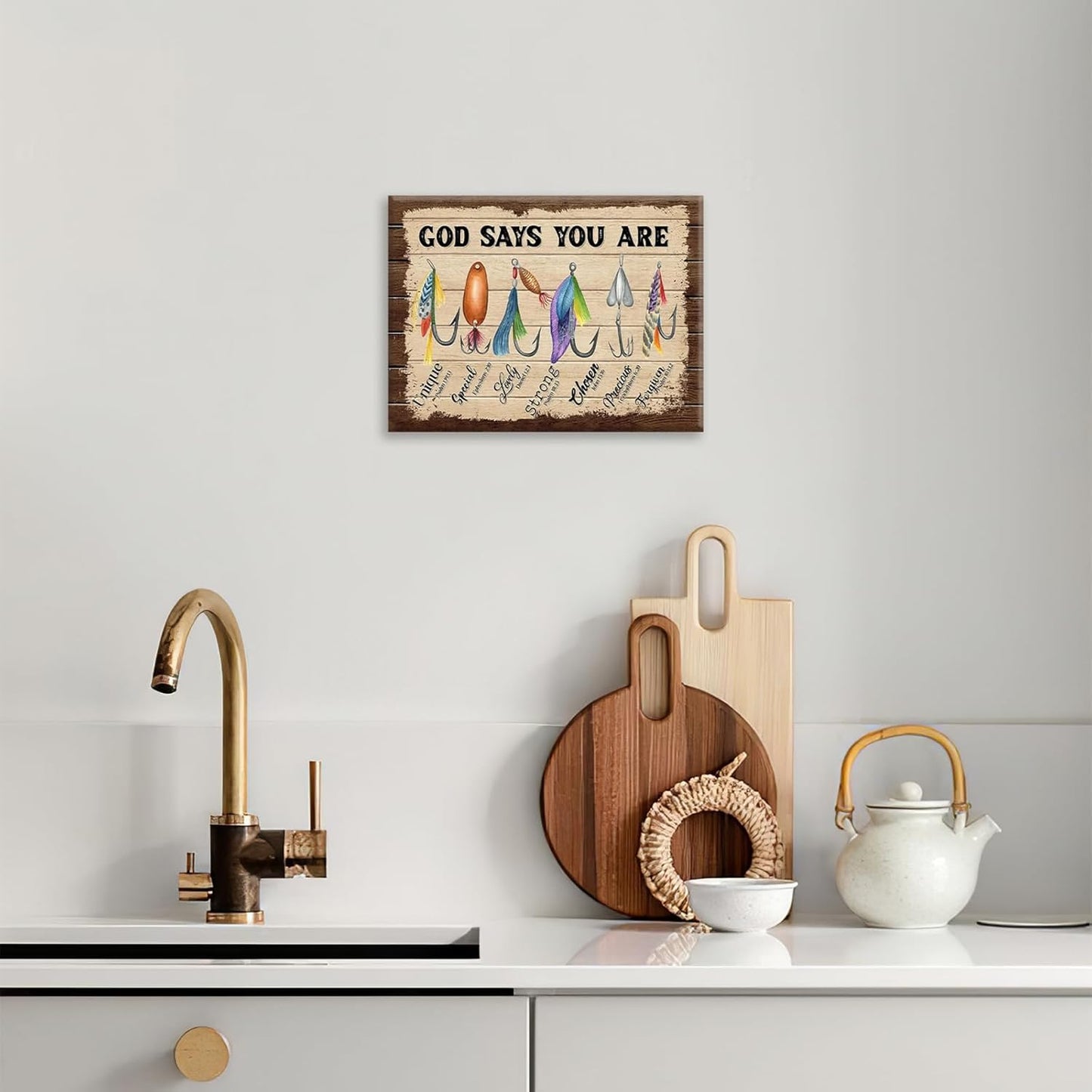 Fishing Wall Art, Fish God Says You Are Pictures Wall Decor Coastal Canvas Prints Framed Artwork Paintings Home Office Decorations For Bathroom Bedroom Living Room Kitchen 24l X 20w