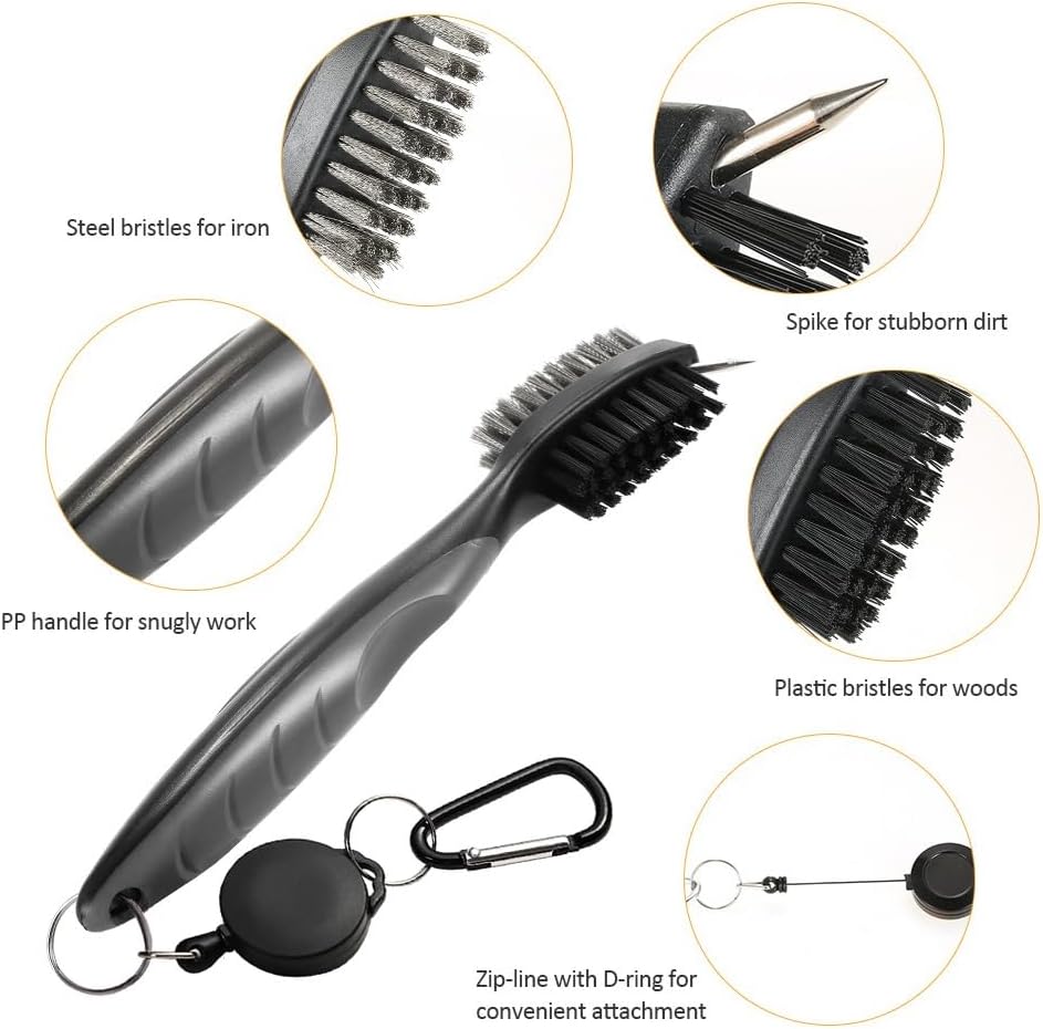 Golf Towels, Golf Towel and Brush Set, with Microfiber Waffle Design Golf Towel 16" X 24" with Hook and Loop Fastenerl and Retractable Zip-line Golf Club Brush (Grey)