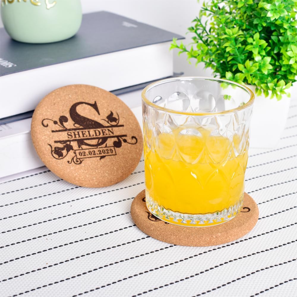 Personalized Cork Coasters for Drinks, Custom Engraved Absorbent Heat & Water Resistant Coasters for Cups and Mugs (S)