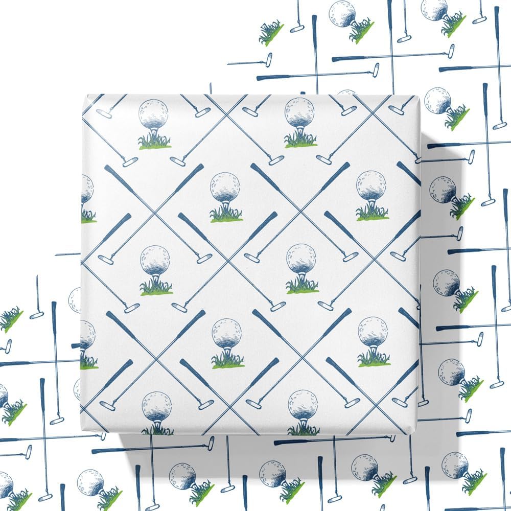 WAPLIGHAL Golf Wrapping Paper for Kids Men - Blue Golf Club and Ball Design - 28 x 40 Inches - Perfect for Birthdays, Holidays, and Father’s Day