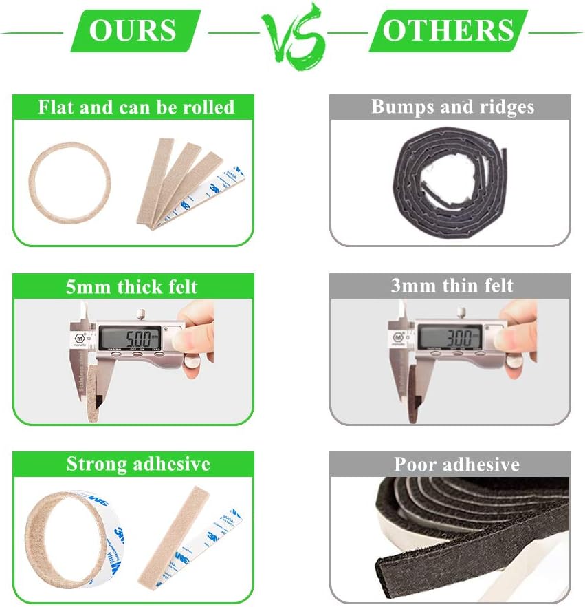 Felt Strips 10Pieces Pack 1x 6 Inches Self Adhesive Beige Furniture Felt Strips Anti Scratch Heavy Duty 5mm Thick Floor Protector for Rocking Chair for Hardwood Floor