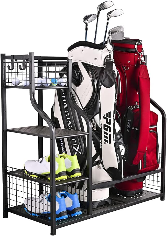 SNAIL Golf Bag Garage Storage Organizer Extra Large Size Golf Bag Rack Stand Holder Fits 2 Golf Bags and Other Golfing Equipment Accessories, Metal Black Golf Club Storage for Garage Shed and Basement