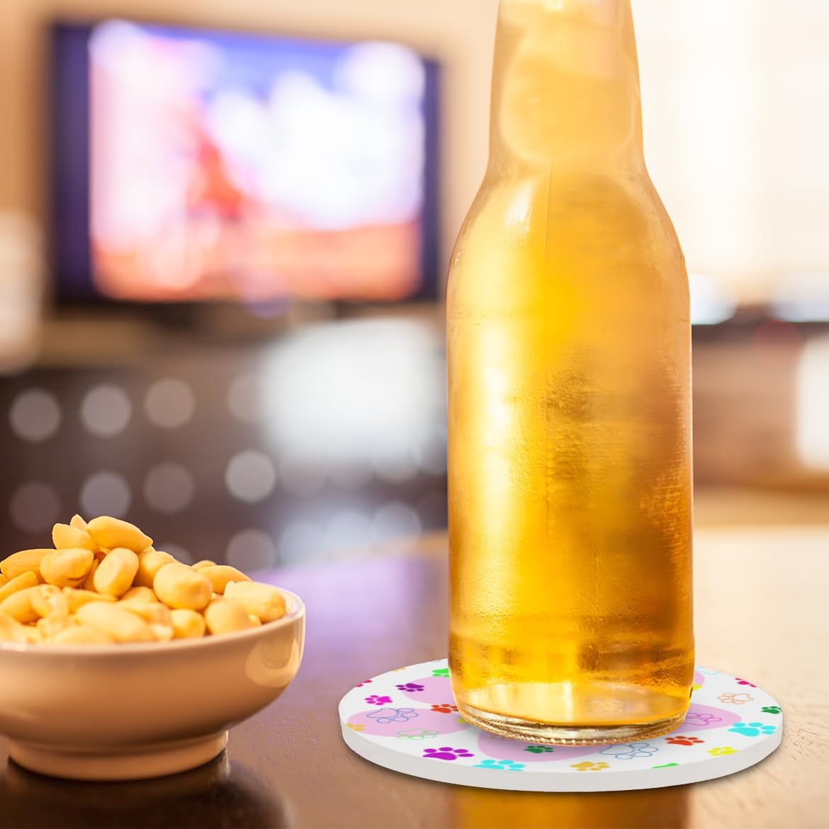 Ceramic Coasters for Drinks with Cork Back,Colorful Paw Prints On Pink 4 Inch Absorbent Coaster Set 4 Pack, Quick Dry Non-Slip Coaster Mats for Home, Office, Bar