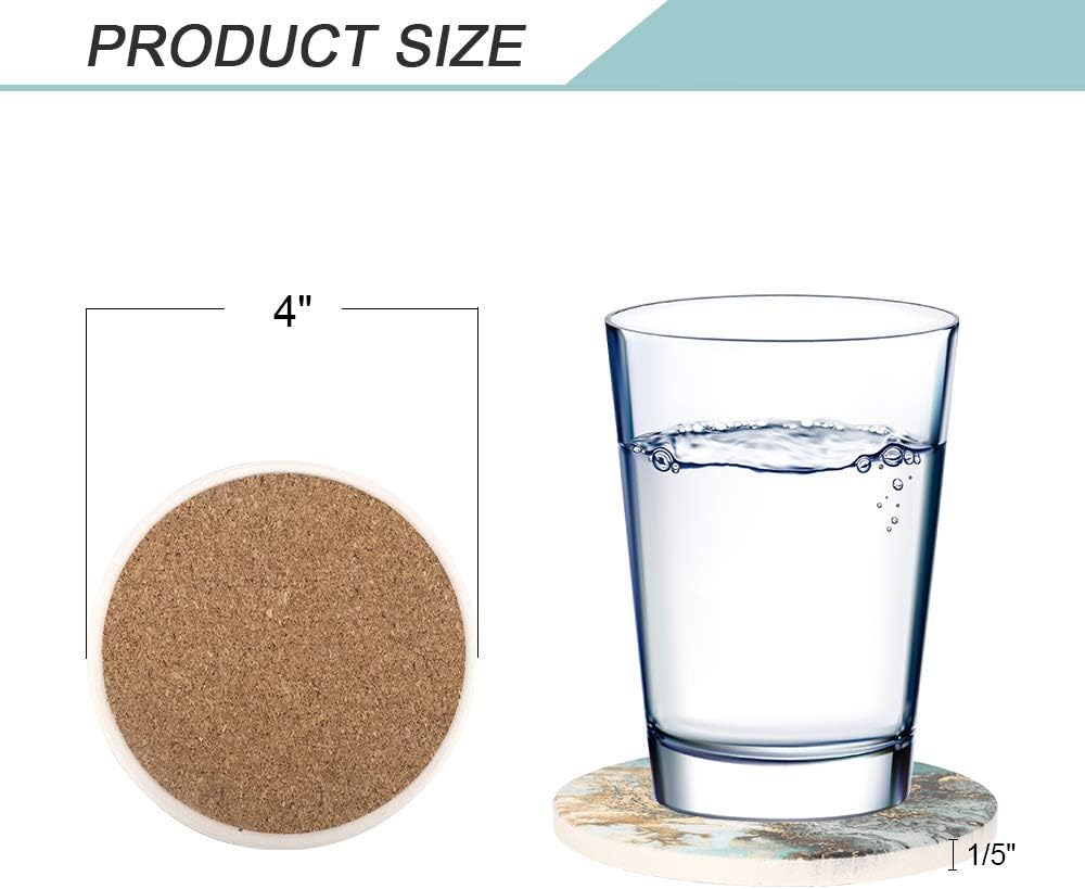 Lahome Marble Pattern Coasters - Round Drinks Absorbent Stone Coaster Set with Ceramic Stone and Cork Base for Kinds of Mugs and Cups (Blue, Set of 6)