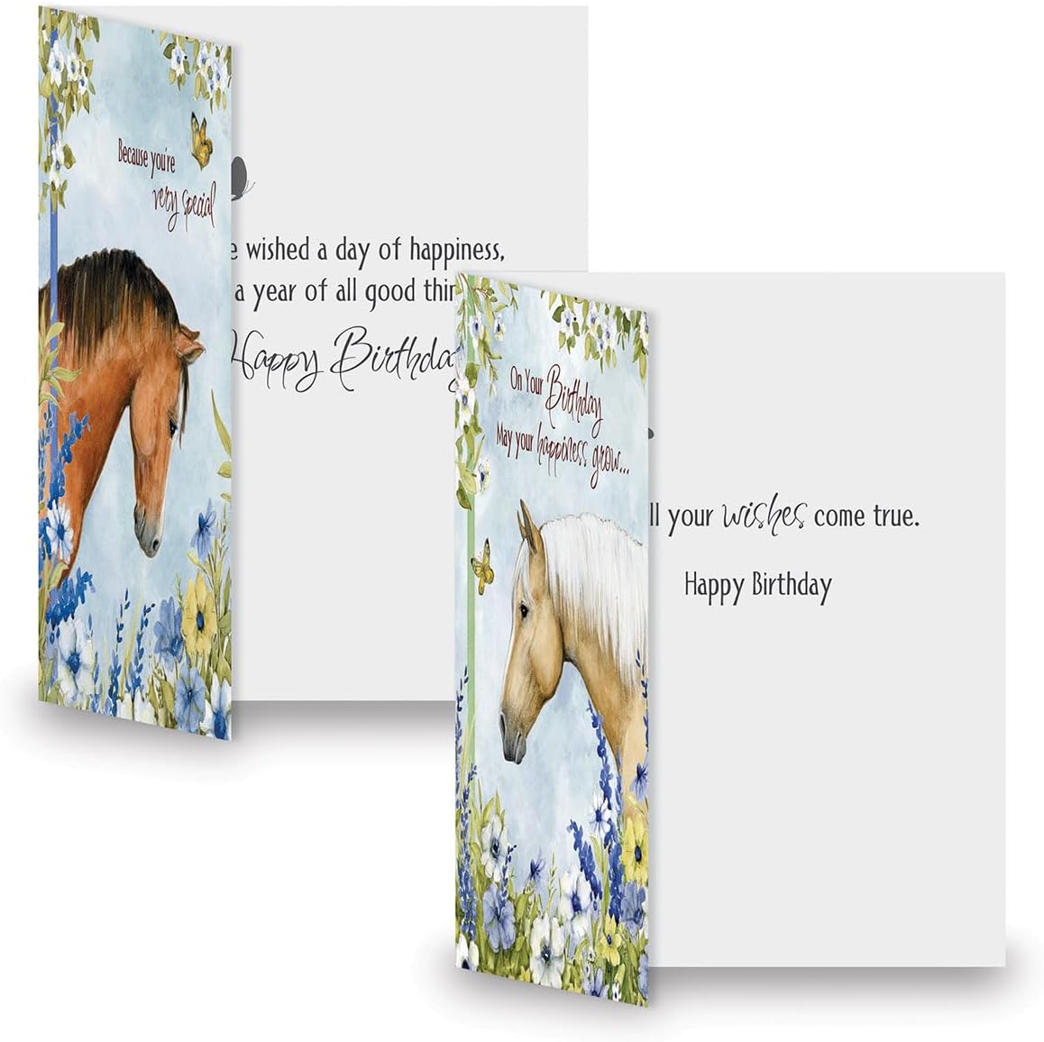Horses in Flowers Birthday Greeting Cards by Susan Winget - Set of 8 (4 Designs), Large 5" x 7", Happy Birthday Cards with Sentiments Inside