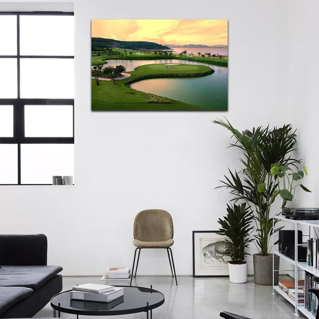 HJY Art USA Golf Course Wall Art for Gym Pebble Beach Golf Course Wall Decor Yellow Green Abstract Painting Poster for Home Decor Living Room Bedroom Bathroom Office Artwork (12 x 16 inch)