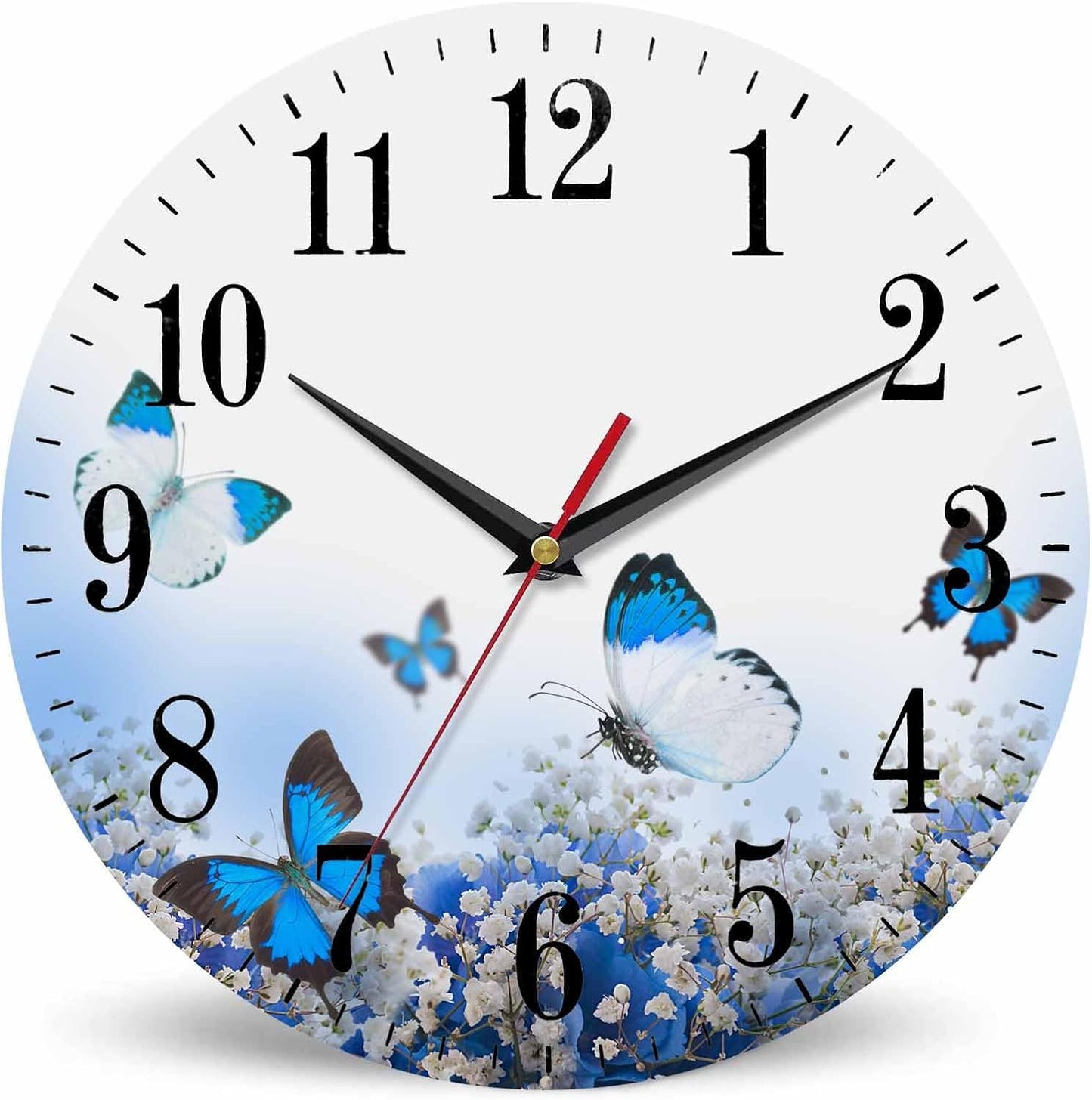 Mxocom Flower Bouquet Wall Clock Butterfly and Blue White Hydrangeas 10 Inch Silent Non Ticking Battery Operated Clock Vintage Round Clock for Living Room Bedroom Bathroom Office Decor