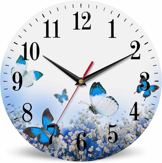 Mxocom Flower Bouquet Wall Clock Butterfly and Blue White Hydrangeas 10 Inch Silent Non Ticking Battery Operated Clock Vintage Round Clock for Living Room Bedroom Bathroom Office Decor