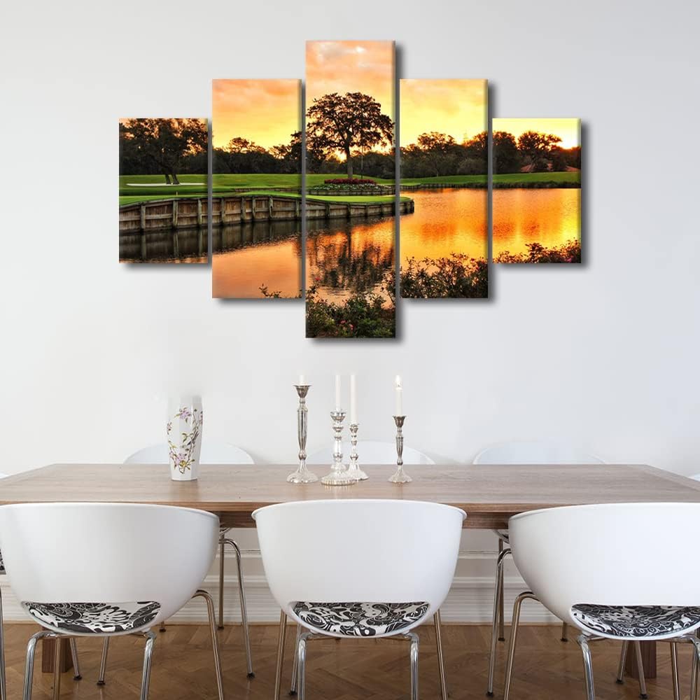 Golf Course Posters Wall Art TPC Sawgrass Golf Course Painting Modern Scenery Pictures Prints on Canvas 5 Panels for Living Room Home Bedroom Office Wall Decor Framed Ready to Hang - 60"W x 40"H